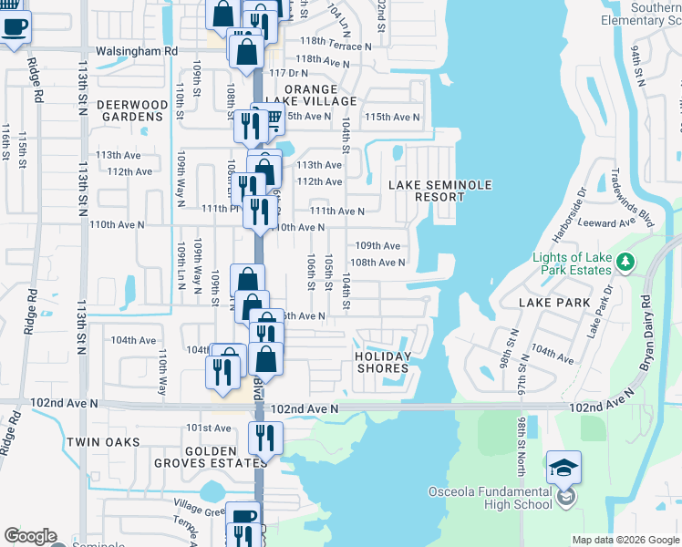 map of restaurants, bars, coffee shops, grocery stores, and more near 10847 105th Street in Largo
