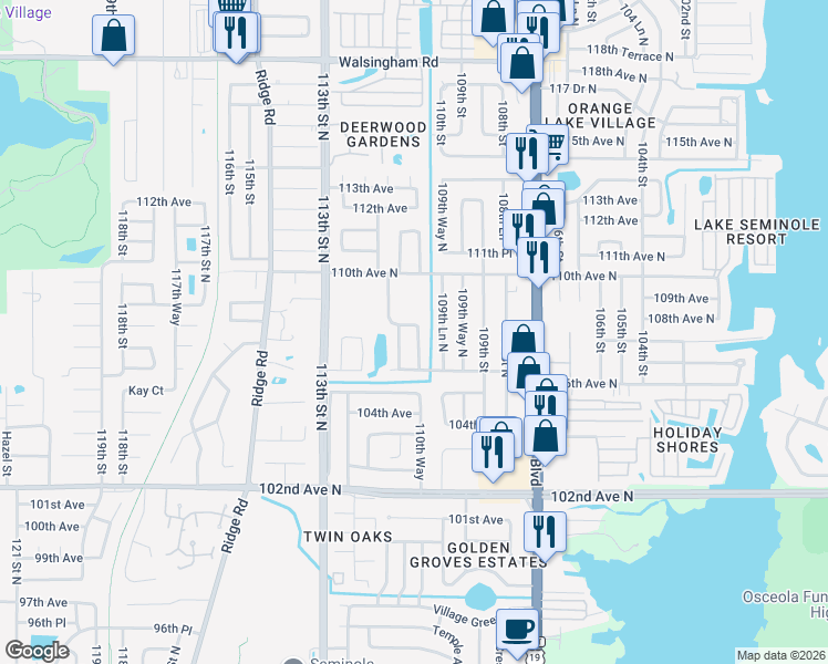 map of restaurants, bars, coffee shops, grocery stores, and more near 10863 111th Street North in Largo