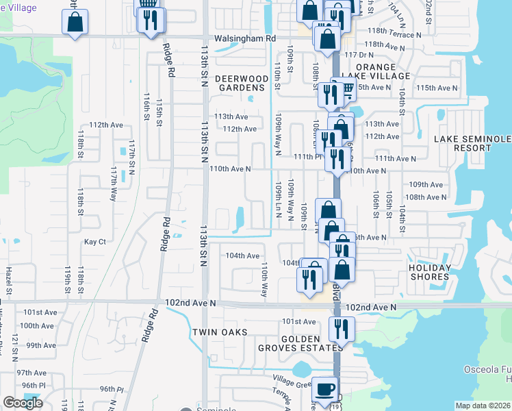 map of restaurants, bars, coffee shops, grocery stores, and more near 10863 111th Street North in Largo