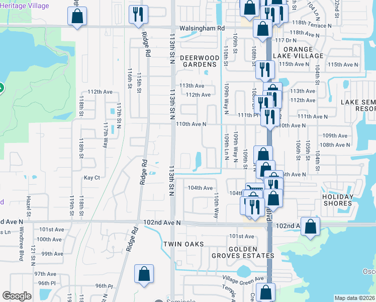 map of restaurants, bars, coffee shops, grocery stores, and more near 11219 107th Avenue North in Seminole