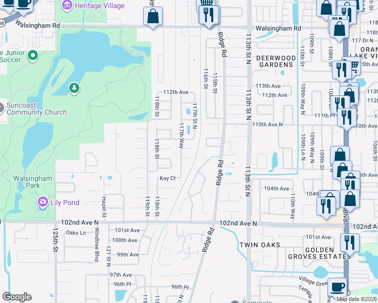 map of restaurants, bars, coffee shops, grocery stores, and more near 11700 108th Court in Largo