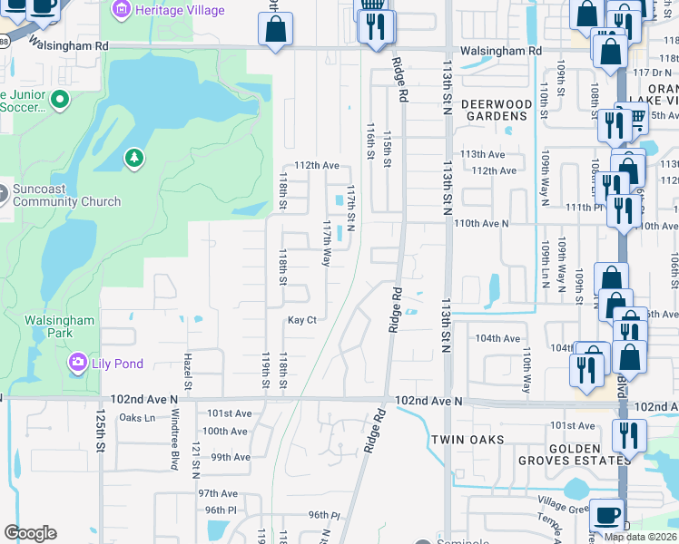 map of restaurants, bars, coffee shops, grocery stores, and more near 11700 108th Court in Largo