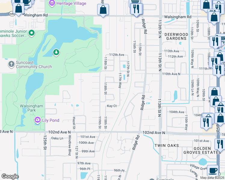 map of restaurants, bars, coffee shops, grocery stores, and more near 108TH Court Street in Seminole