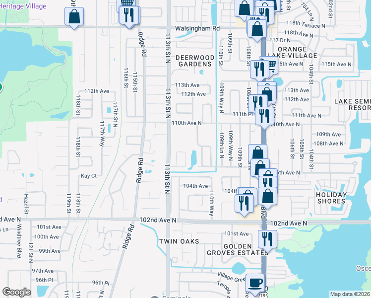 map of restaurants, bars, coffee shops, grocery stores, and more near 11219 107th Avenue North in Seminole