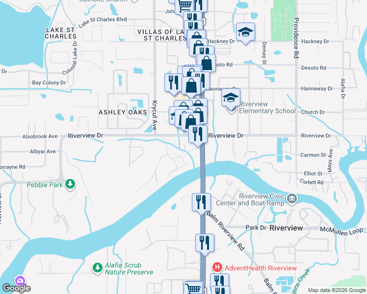 map of restaurants, bars, coffee shops, grocery stores, and more near 8013 Emi Ann Lane in Riverview