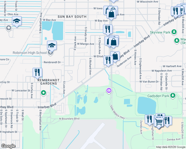 map of restaurants, bars, coffee shops, grocery stores, and more near 6911 Interbay Boulevard in Tampa