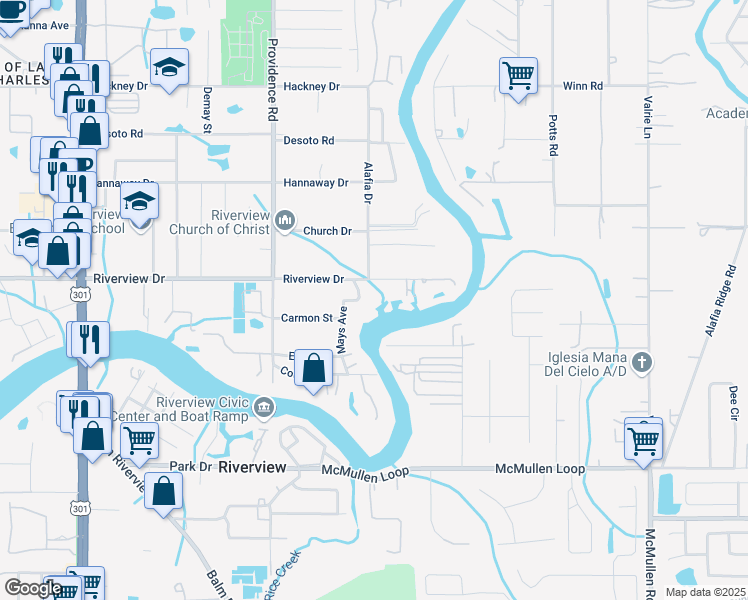 map of restaurants, bars, coffee shops, grocery stores, and more near 11203 Riverview Drive in Riverview