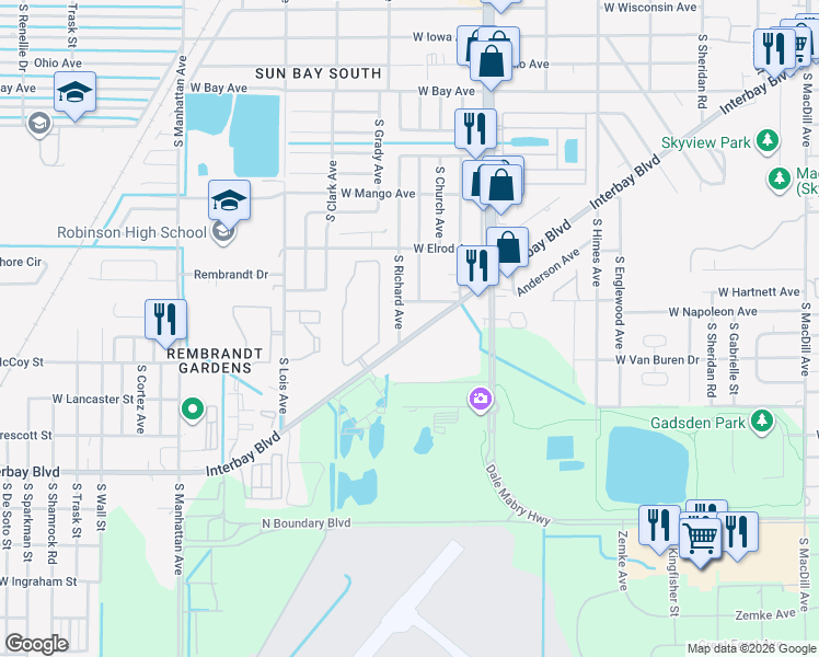 map of restaurants, bars, coffee shops, grocery stores, and more near 6911 Interbay Boulevard in Tampa
