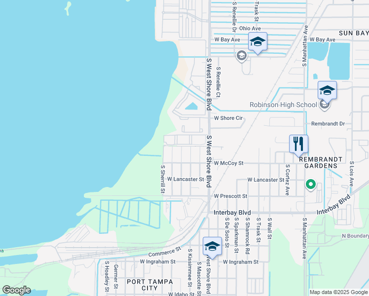 map of restaurants, bars, coffee shops, grocery stores, and more near 6601 South West Shore Boulevard in Tampa