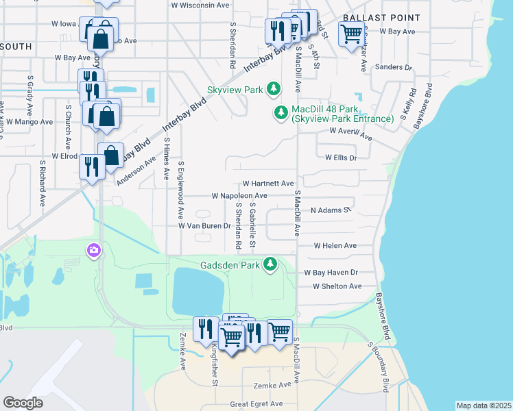 map of restaurants, bars, coffee shops, grocery stores, and more near 6701 South Gabrielle Street in Tampa
