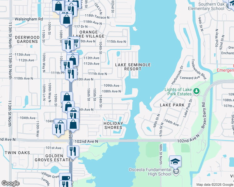 map of restaurants, bars, coffee shops, grocery stores, and more near 10233 108th Avenue North in Largo