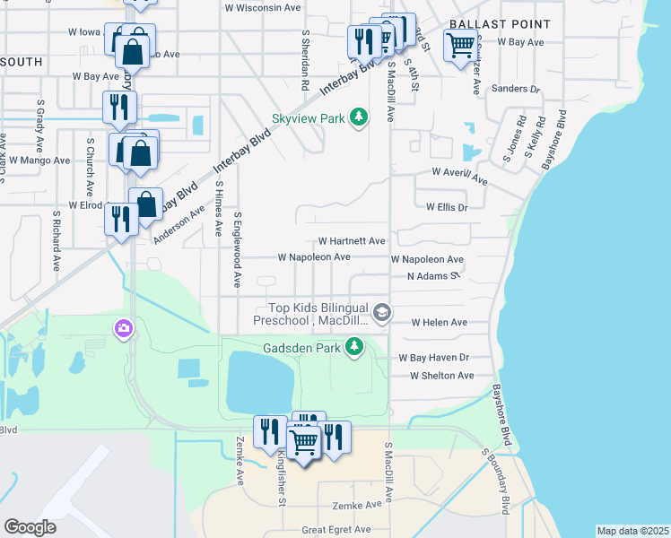map of restaurants, bars, coffee shops, grocery stores, and more near 6701 South Gabrielle Street in Tampa