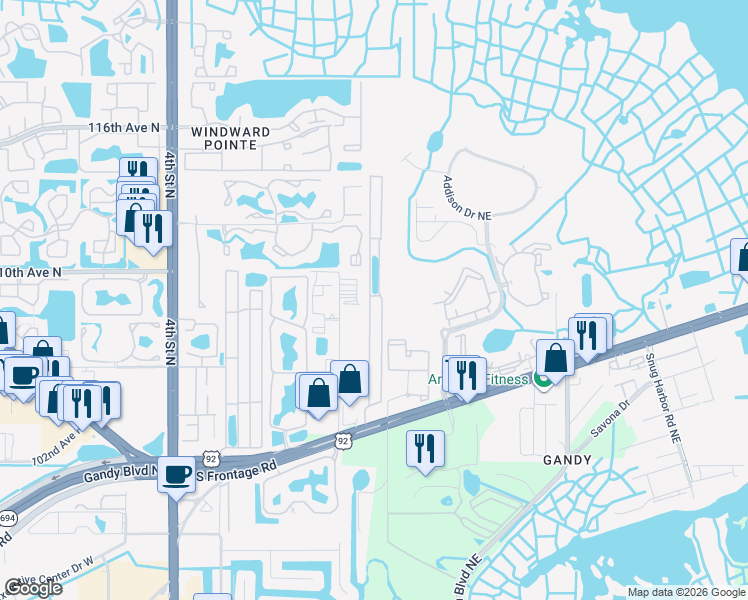 map of restaurants, bars, coffee shops, grocery stores, and more near 10748 Poplar Street Northeast in St. Petersburg
