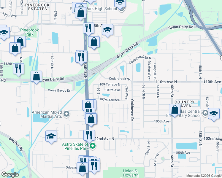 map of restaurants, bars, coffee shops, grocery stores, and more near 6428 109 Terrace North in Pinellas Park