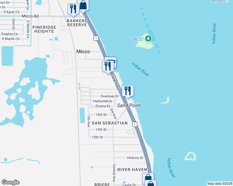 map of restaurants, bars, coffee shops, grocery stores, and more near 3 Steamboat Drive in Micco