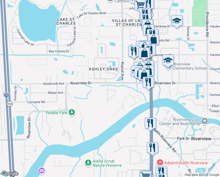 map of restaurants, bars, coffee shops, grocery stores, and more near 10406 Arbor Groves Place in Riverview
