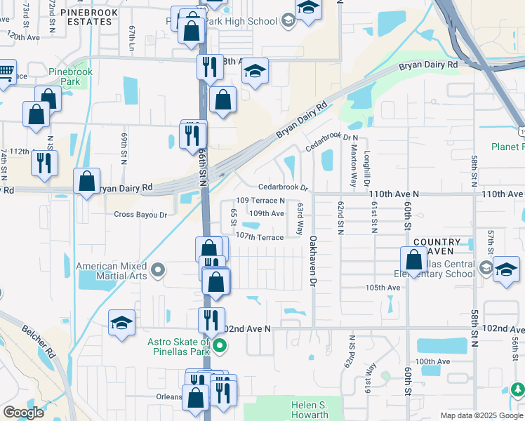 map of restaurants, bars, coffee shops, grocery stores, and more near 6428 109 Terrace North in Pinellas Park