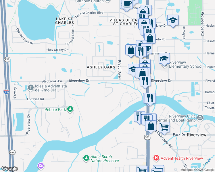 map of restaurants, bars, coffee shops, grocery stores, and more near 10412 Arbor Groves Place in Riverview