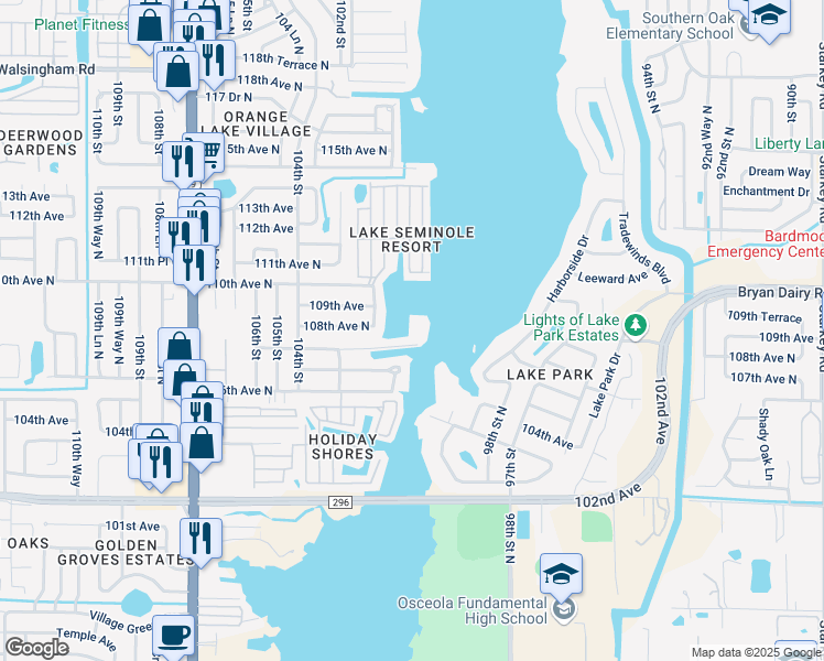 map of restaurants, bars, coffee shops, grocery stores, and more near 10172 Seminole Island Drive in Largo