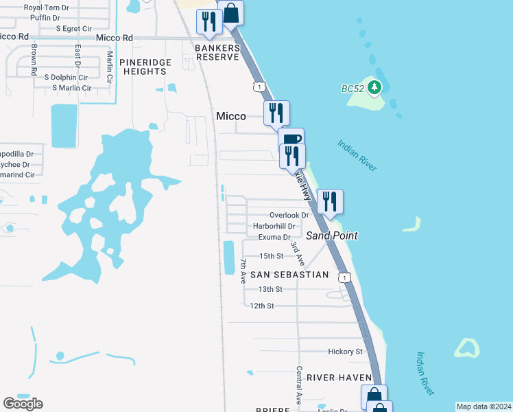 map of restaurants, bars, coffee shops, grocery stores, and more near 18 Hopetown Road in Micco
