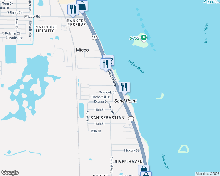 map of restaurants, bars, coffee shops, grocery stores, and more near 3 Steamboat Drive in Micco