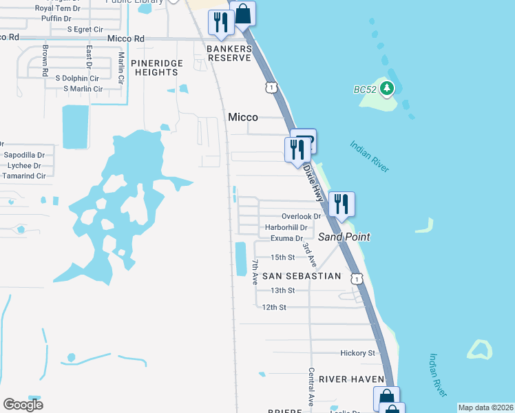map of restaurants, bars, coffee shops, grocery stores, and more near 21 Hopetown Road in Micco
