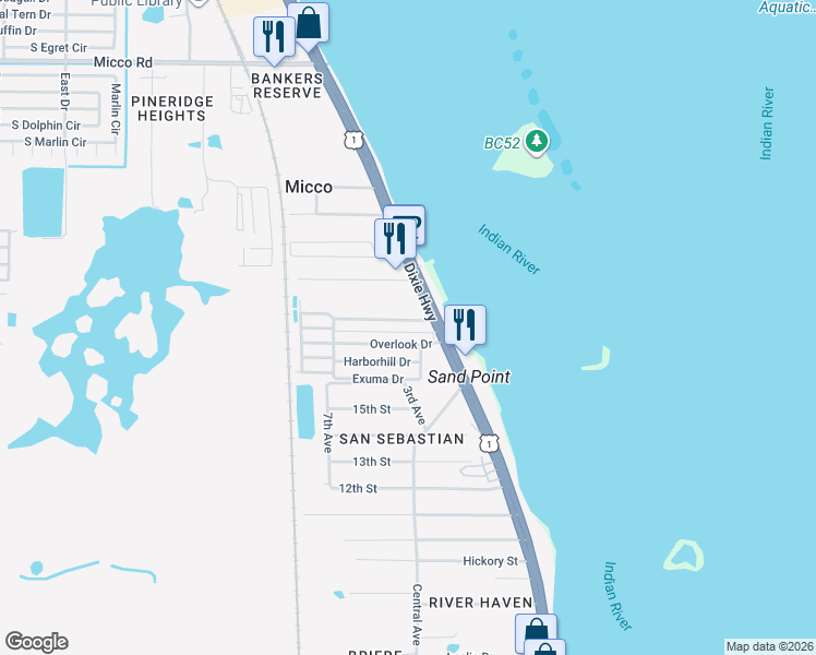 map of restaurants, bars, coffee shops, grocery stores, and more near 3 Steamboat Drive in Micco