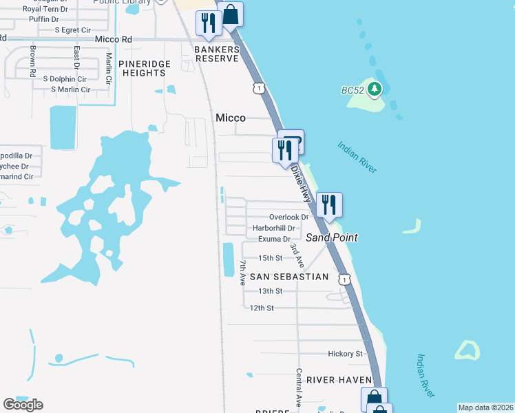 map of restaurants, bars, coffee shops, grocery stores, and more near 14 Steamboat Drive in Micco