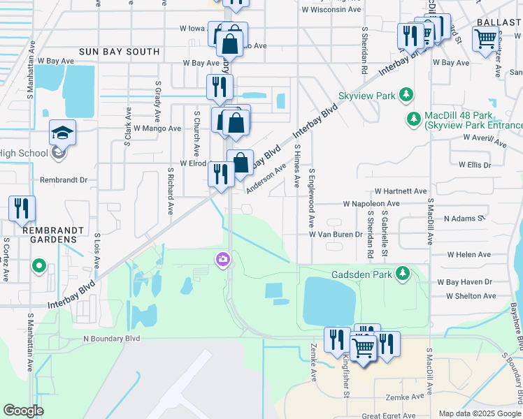 map of restaurants, bars, coffee shops, grocery stores, and more near 6604 South Dale Mabry Highway in Tampa