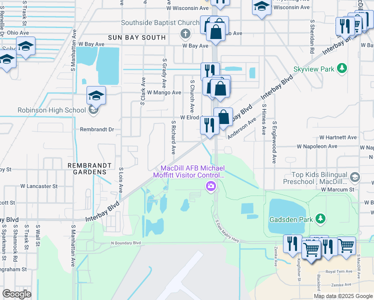 map of restaurants, bars, coffee shops, grocery stores, and more near 6911 Interbay Boulevard in Tampa