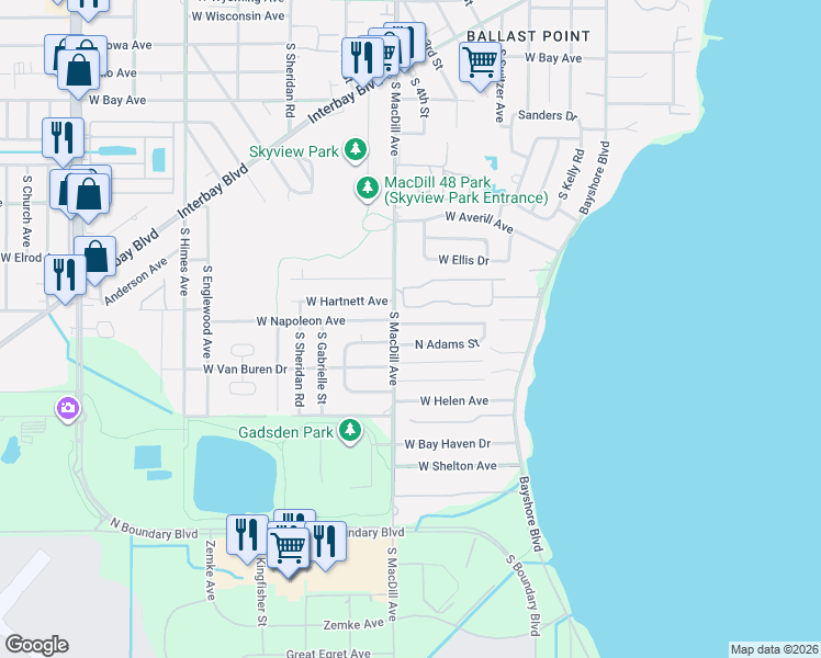 map of restaurants, bars, coffee shops, grocery stores, and more near South MacDill Avenue in Tampa