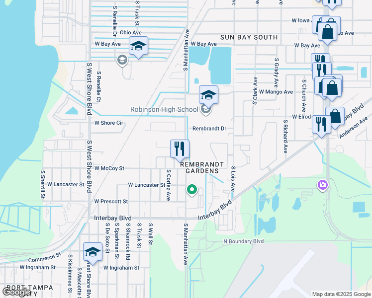 map of restaurants, bars, coffee shops, grocery stores, and more near 6727 South Lois Avenue in Tampa