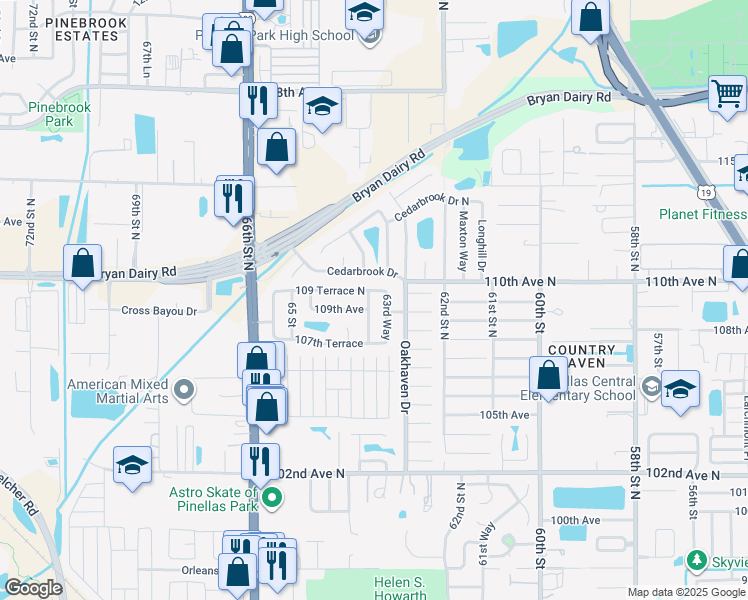 map of restaurants, bars, coffee shops, grocery stores, and more near 10960 63rd Way in Pinellas Park