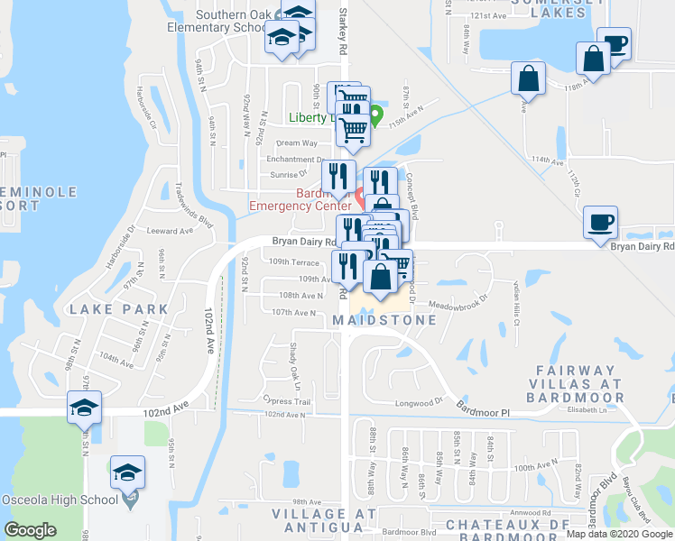 map of restaurants, bars, coffee shops, grocery stores, and more near 2970 Bryan Dairy Road in Seminole