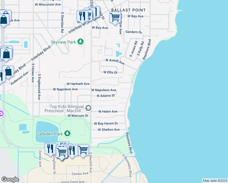 map of restaurants, bars, coffee shops, grocery stores, and more near 3006 West Napoleon Avenue in Tampa