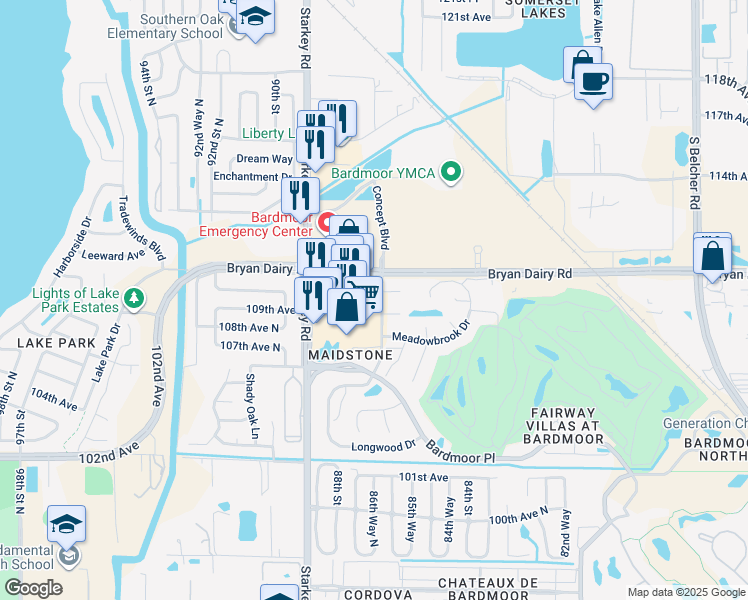 map of restaurants, bars, coffee shops, grocery stores, and more near 8710 Bryan Dairy Road in Seminole