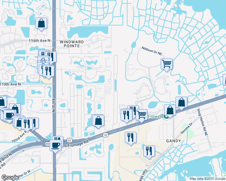 map of restaurants, bars, coffee shops, grocery stores, and more near 10748 Poplar Street Northeast in St. Petersburg