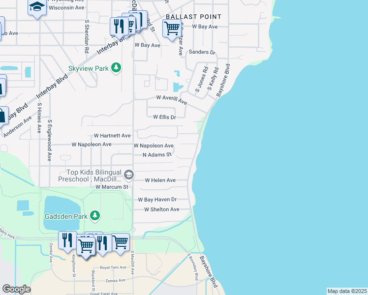 map of restaurants, bars, coffee shops, grocery stores, and more near 2812 Old Bayshore Way in Tampa