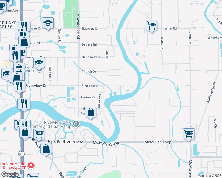 map of restaurants, bars, coffee shops, grocery stores, and more near 11203 Riverview Drive in Riverview