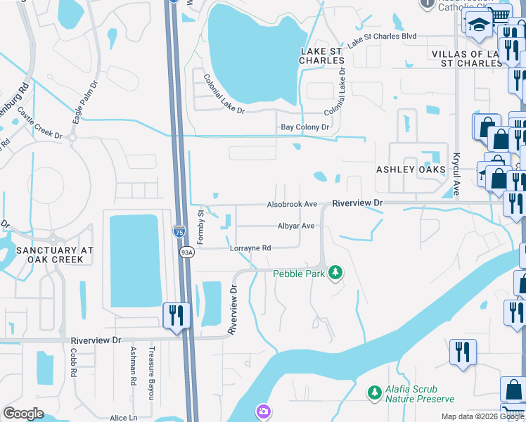 map of restaurants, bars, coffee shops, grocery stores, and more near 9917 Alsobrook Avenue in Riverview