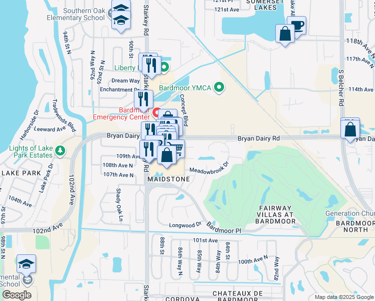 map of restaurants, bars, coffee shops, grocery stores, and more near 8710 Bryan Dairy Road in Seminole