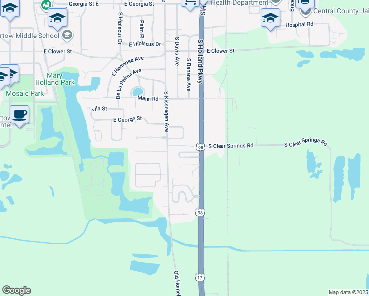 map of restaurants, bars, coffee shops, grocery stores, and more near 1290 Henson Lane in Bartow