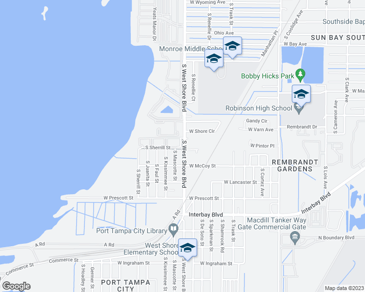 map of restaurants, bars, coffee shops, grocery stores, and more near 6608 South West Shore Boulevard in Tampa