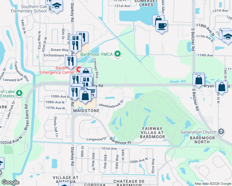 map of restaurants, bars, coffee shops, grocery stores, and more near 8403 Meadowbrook Drive in Seminole
