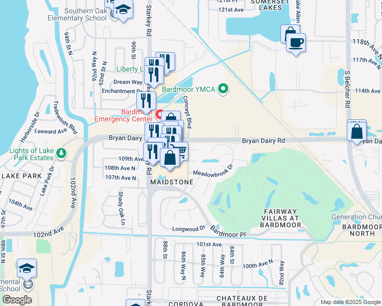 map of restaurants, bars, coffee shops, grocery stores, and more near 8710 Bryan Dairy Road in Seminole