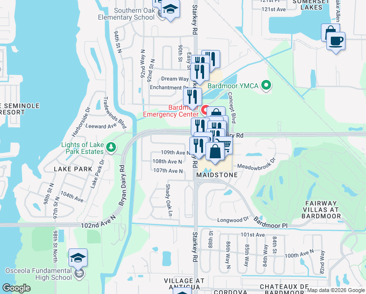 map of restaurants, bars, coffee shops, grocery stores, and more near 9024 109th Terrace in Seminole