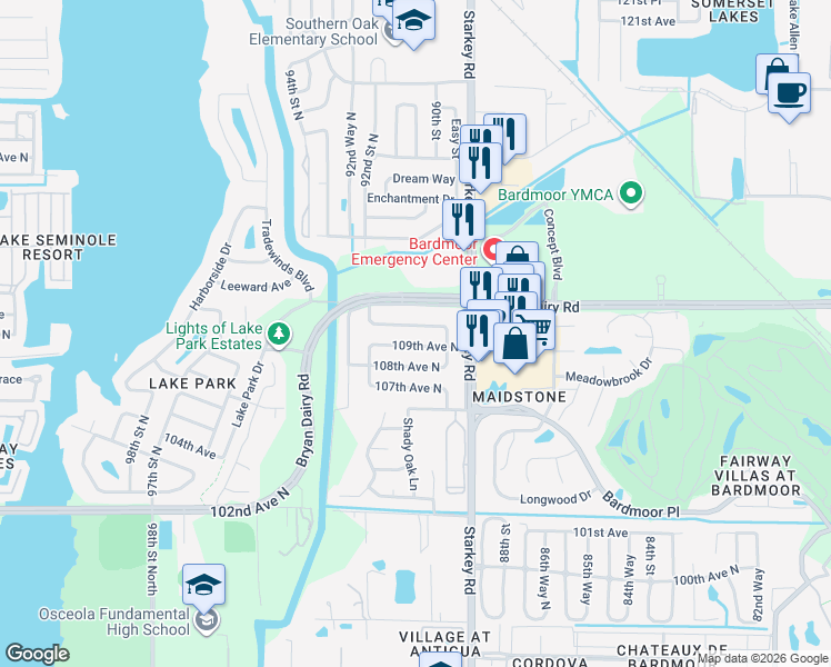 map of restaurants, bars, coffee shops, grocery stores, and more near 9024 109th Terrace in Seminole