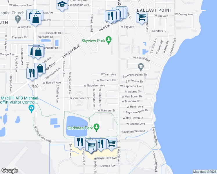 map of restaurants, bars, coffee shops, grocery stores, and more near 3112 West Napoleon Avenue in Tampa