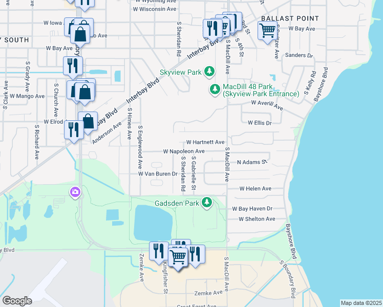 map of restaurants, bars, coffee shops, grocery stores, and more near 6701 South Gabrielle Street in Tampa