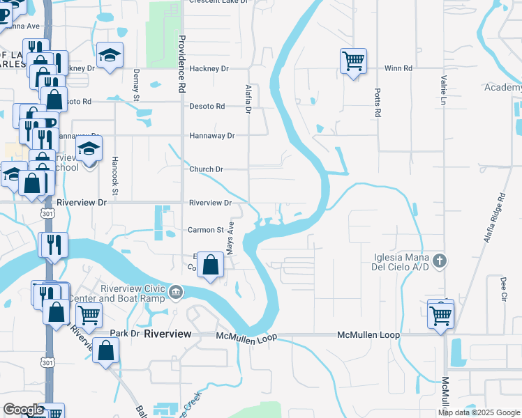 map of restaurants, bars, coffee shops, grocery stores, and more near 11203 Riverview Drive in Riverview